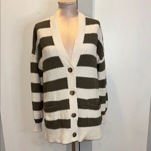 Loft Cream and Green Striped Textured Cardigan Sweater Size Medium